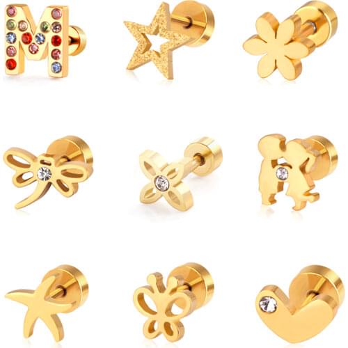 LUXUSTEEL Stainless Steel Flower Earrings Brinco Pendientes Mujer Gold Color Cute Screw Stud Earrings Fashion Jewelry Party