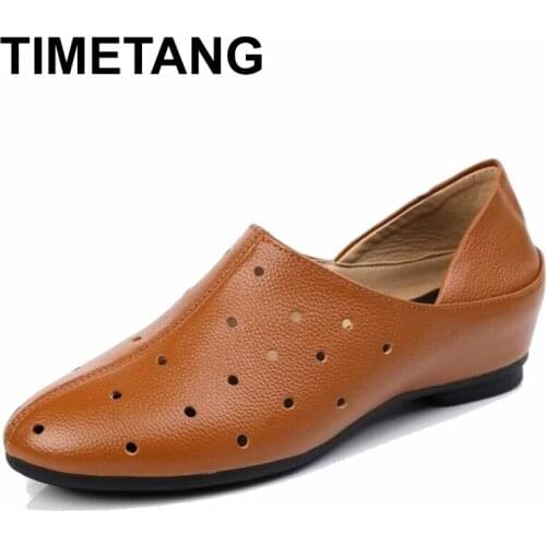 TIMETANG Breathable Genuine Leather Shoes Woman Summer Hollow Out Fashion Casual Shoes Slip On Round Toe White Shoes 2018