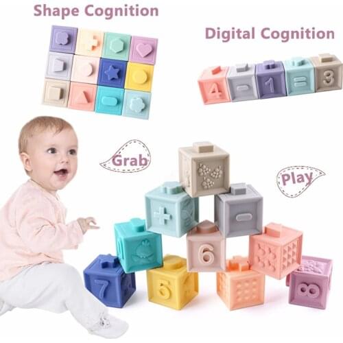 LetS Make 12pc/Set Silicone Building Blocks Baby Grasp Toy 3D Touch Hand Montessori Baby Toys Soft Rubber Teethers Squeeze Toy