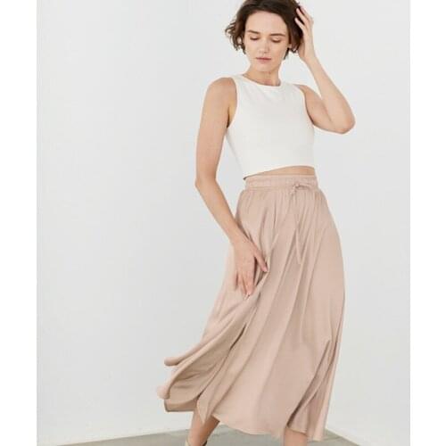 Satin A-Line Elegant Ladies Skirts Drawstring Lace-Up Women Haze Blue Sweet Elastic Waist Khaki Mini Long High Waist Skirts