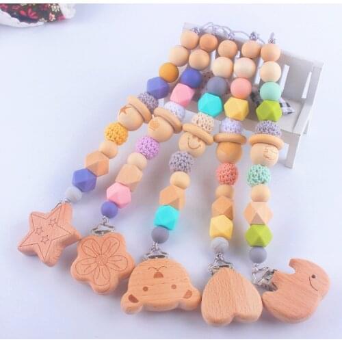 Baby Pacifier Holder Teether For Teeth Silicone Beads Wooden Teether Chain Soother Dummy Holder For Infant Nipple Bottle Chain