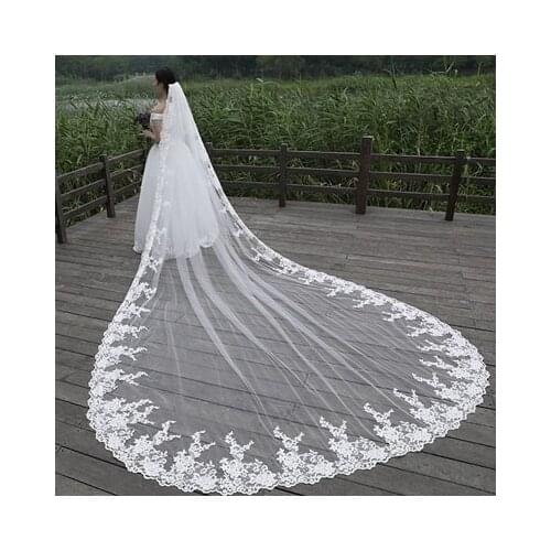 4 Meters Full Edge with Lace Bling Sequins Two Layers Long Wedding Veil with Comb White Ivory Bridal Veil 2019