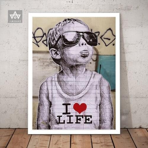 Banksys Graffiti Art Abstract Canvas Painting Girl Smile Robot and Barcode Posters and Prints "I Love Life" Wall Canvas Art Home