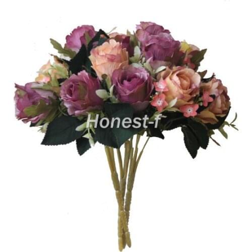 Artificial Multi-Coloured Rose Silk Flowers Bounquet Mixed Arrangement, Home Hotel Room Wedding Decoration(Purple And Red)
