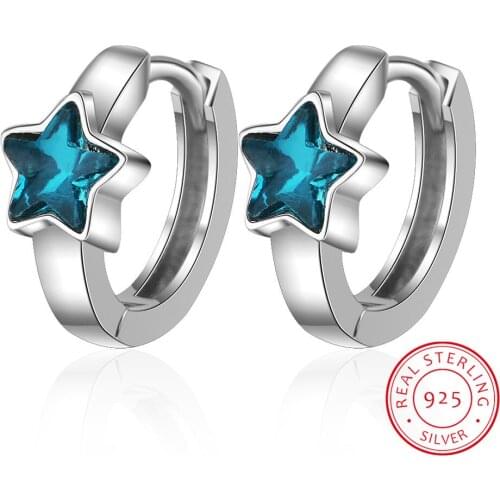Cute Blue Crystal Stars 925 Sterling Silver Circles Small Loops Huggie Hoops Earrings For Women Jewelry Kids Girls Aros Aretes