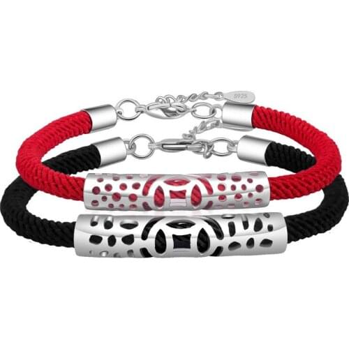 Fashion Unisex Retro Ancient Coin Carved Hollow Tube Red/Black Weave Rope Bracelet Couple Jewelry Lover Gifts BL0633