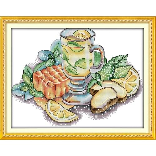 Afternoon Tea Printed Canvas Cross Stitch Kit Home Decoration 11CT Fabric 14CT Canvas DMC Embroidery Needlework Cross-stitch set