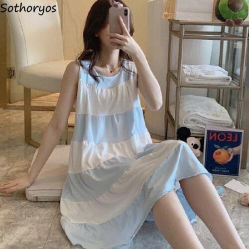 Nightgowns Women Summer Thin Cotton Sleeveless Sleep-shirts Fashion Simple Leisure Comfortable Lovely Girls Loose Nightwear Chic