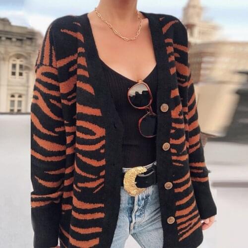 Autumn Womens Knitting Cardigan Zebra Pattern Printing Colorblock Long Sleeve Loose Sweaters Plus Size Casual Cardigan кардиган