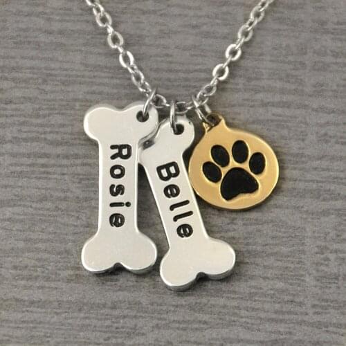 Personalized Dog Necklace,Bones and Dog Paw Print Collar,Custom Bone Charm