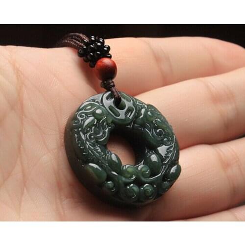 Hetian green jades pendant safety buckle jades pendant money animal necklace fashion amulet + rope