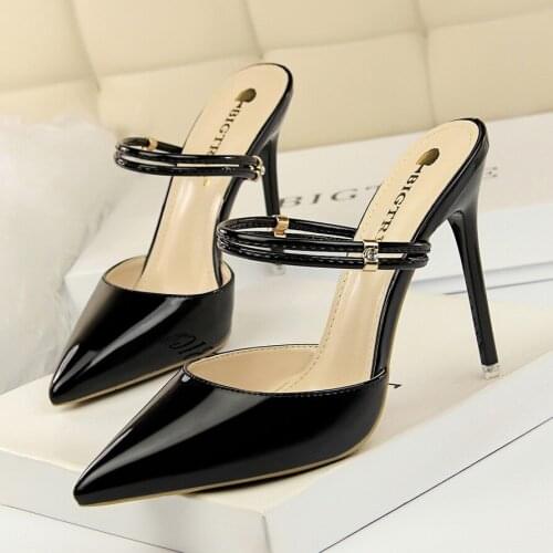 10.5CM PUMPS Fashion metal stiletto high heel sexy thin shallow mouth pointed rhinestone buckle word with womens shoes