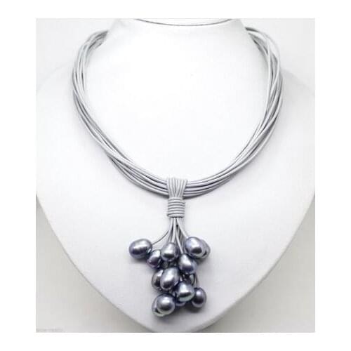 Multicolored Natural Choker 16" 15row gray pearls gray leather necklace magnet clas -jewelry