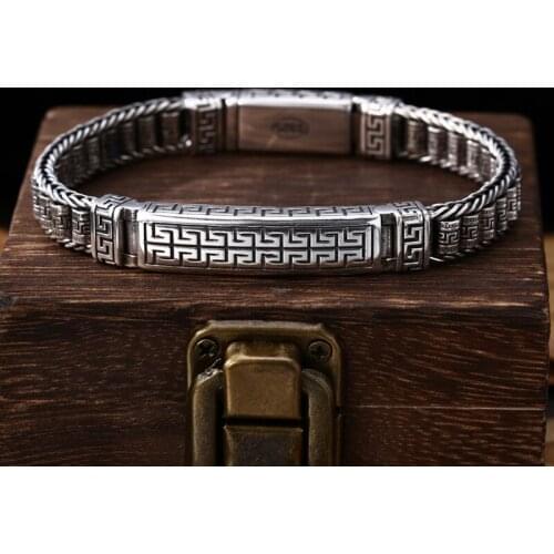 S925 Sterling Silver Retro Buddhism Six-character Mantra Baracelets Man Woman Thai Silver Direction pattern Jewerly Gift