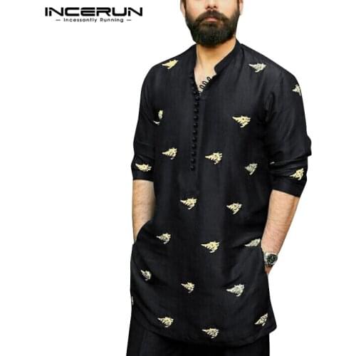 INCERUN Long Sleeve Men Shirts Printed Retro Button 2021 Stand Collar Long Shirts Men Indian Tops Streetwear Casual Pullovers