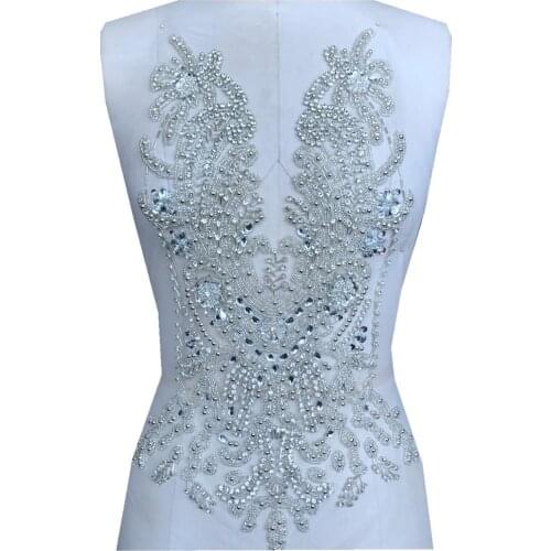 Handmade rhinestones applique silver bodice trim patches for wedding dress accessory