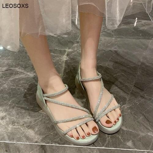 Summer Shoes For Women Sandals Fairy Style Flat Bottom With Skirt Lightweight Soft Bottom Diamond Roman Shoes Thick Soled Shoes