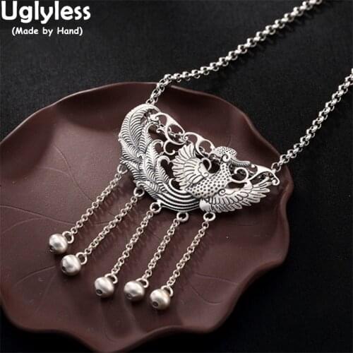 Uglyless Real 990 Full Silver Tassels Retro Jewelry for Women Phoenix Nirvana Pendants Necklaces NO Chains Thai Silver Peacocks