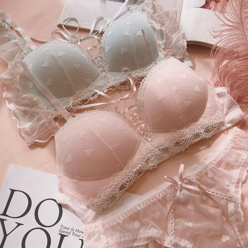 Japanese Sexy Bra Set Kawaii Cute Beautiful Underwear Pink Blue Lace Push Up Lingerie Bras and Panty Sets for Women Intimates