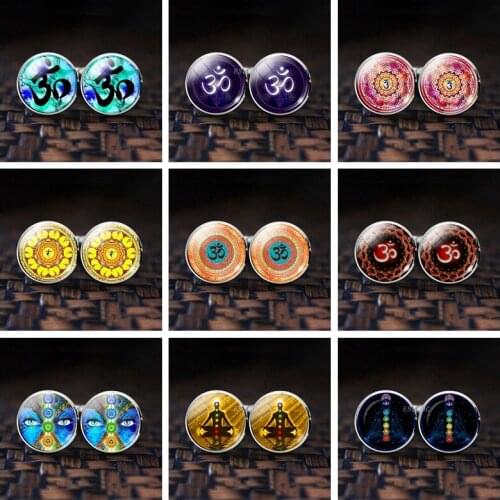 Yoga Om Symbol Meditation Cufflinks Alloy Metal Glass Wedding Cufflinks for Men Chakra Cuff Links Spiritual Yoga Gift