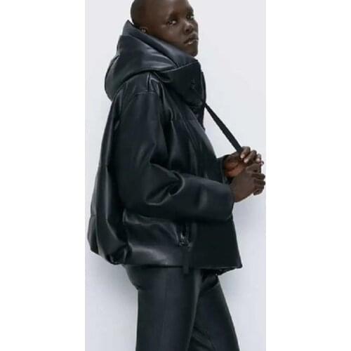 Women Cotton Thicken Coats Parker Jackets Winter New Black Casual Hooded Zipper PU Leather Loose Warm Outerwear