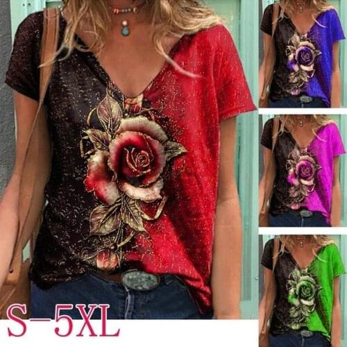 2021 Women Sexy V Neck Shirts Tops Rose Print Y2K Womens Short-Sleeved T-Shirt Fashion Casual Loose Clothing