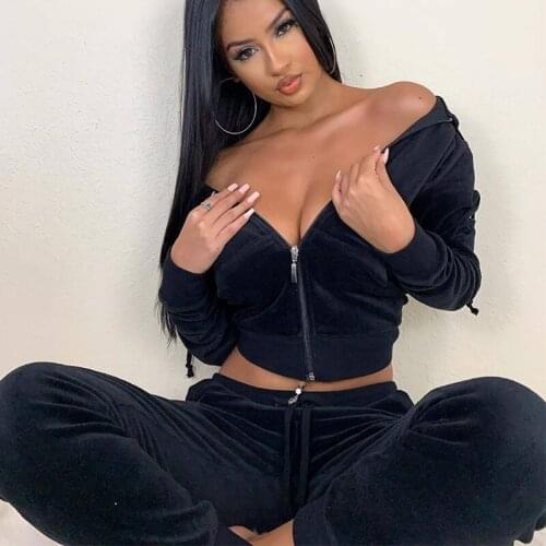 Velvet Tracksuit Women Two Piece Set Autumn Clothes Hooded Long Sleeve Cropped Coat Top and Sports Jogger Pants Outfits 2021