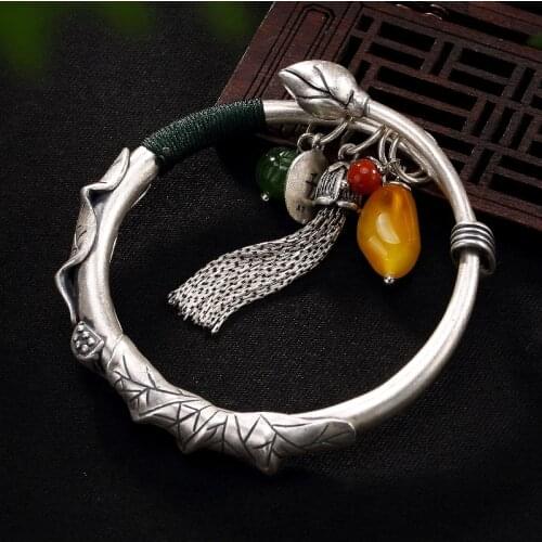 999 Fine Silver color Ethnic Lotus Tassel Bangle For Women Gemstone Natural Sterling Silver color Cuff Bracelets Bijoux Bangle