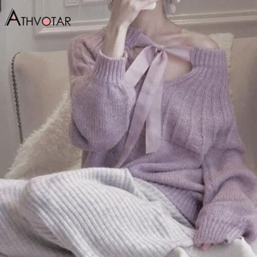 ATHVOTAR Autumn Winter Sweater Women Warm Long Sleeve Top Pull Bow-Knot Sweater Loose Knitted Korean Style Fashion Sweaters