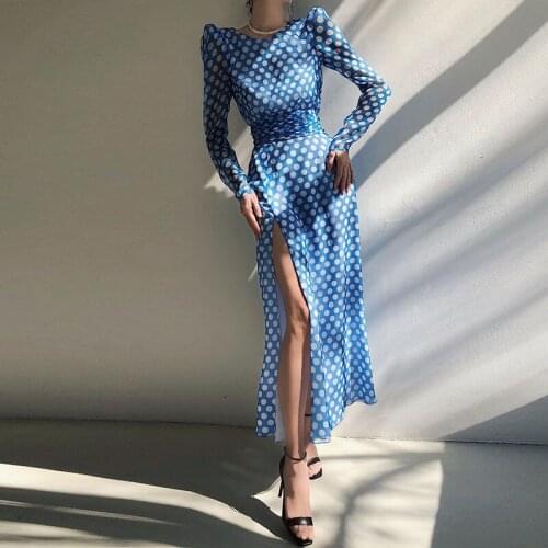 2021 spring new womens retro wave dot print sexy split high waist slim French knee dress