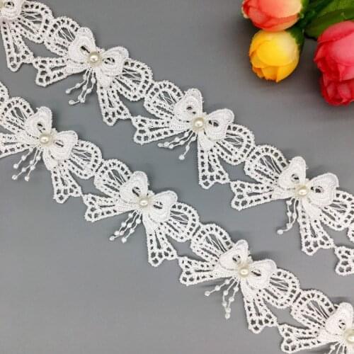 1 Yard Butterfly Knot Lace Pearl Bow Applique Beaded Trim Ribbon Lacing for Hat Decorative Wedding Dress Sewing Crafts