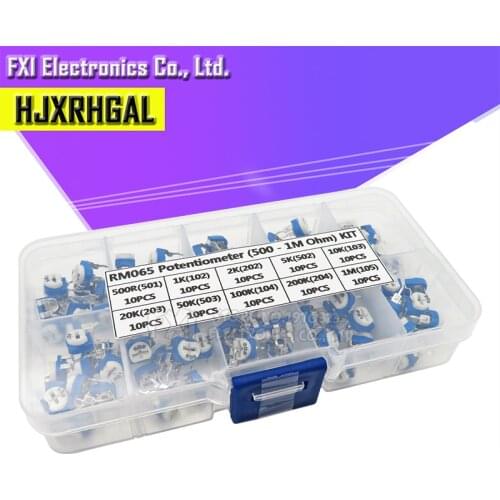 100pcs/Box RM065 Potentiometer Adjustable Resistor Kit 500 - 1M Ohm Multiturn Trimmer Potentiometer Set Variable Resistors Kit