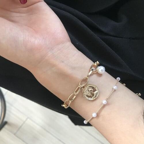 2 Pcs /Set Golden Sweet Pearl Chain Bracelet Cross People Head Bracelet Personalized Double-layer Heart Pendant Charm Bracelet