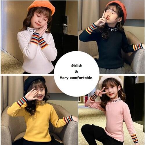 Girl Base Shirt Children Spring Autumn Winter Cotton Fashion Half-High Letters Collar Rainbow Rib Cuff Bottom Shirt Clothes Girl