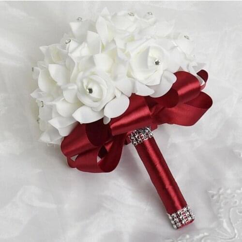 Free Shipping Cheapest PE Rose Bridesmaid Wedding Foam flowers Rose Bridal bouquet Ribbon Fake Wedding bouquet de noiva