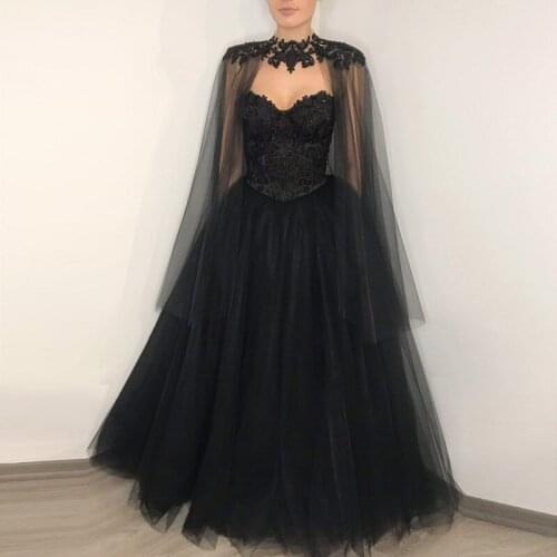 Black Wedding Dresses with Cape Lace Appliques Beaded Sweetheart Lace Up Back Princess Bridal Gowns Bride Dress Vestido De Noiva