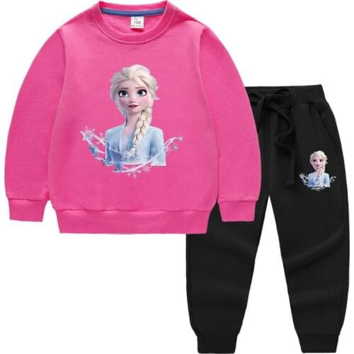 Disney Girls clothes spring and autumn two-piece cartoon elsa print long-sleeved sweatshirt + pants children quality clothing