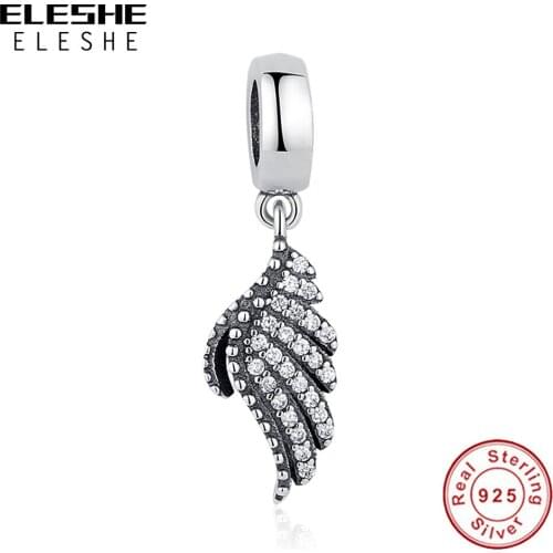 ELESHE 100% 925 Sterling Silver Angel Wing Dangle Charm with Sparkling CZ Feathers Fine Beads Fit Original Bracelet DIY Jewelry