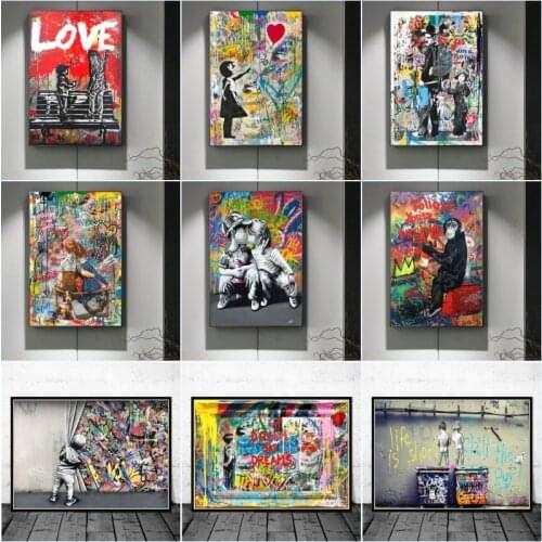 Graffiti Art Girl with Balloon Canvas Painting Abstract Street Pop Art Posters and Prints Wall Art Pictures for Home Decoration
