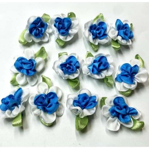HL 30pcs blue color ribbon flowers with leaf handmade apparel sewing appliques DIY accessoriesD02010