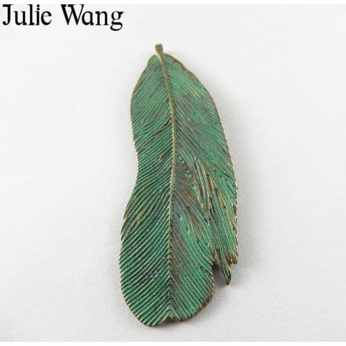Julie Wang 5PCS Zinc Alloy Antique Green Big Feather Pendants Charms Earring Necklace Finding DIY Jewelry Making Accessories
