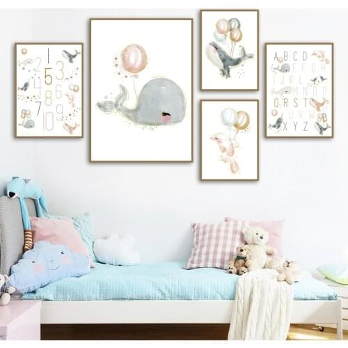 Whale Dolphin Education Number Alphabet Nursery Wall Art Print Canvas Painting Nordic Poster Wall Pictures Baby Kids Room Decor