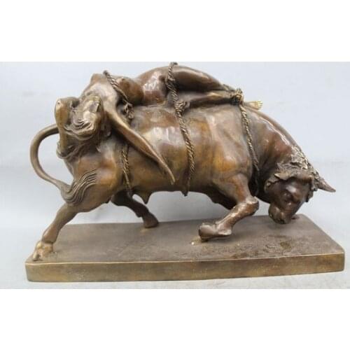 Wholesale factory 15" Chinese Bronze Truss Belle On Bull Ox Bullfight Statue Art Animals Sculpture 25% off
