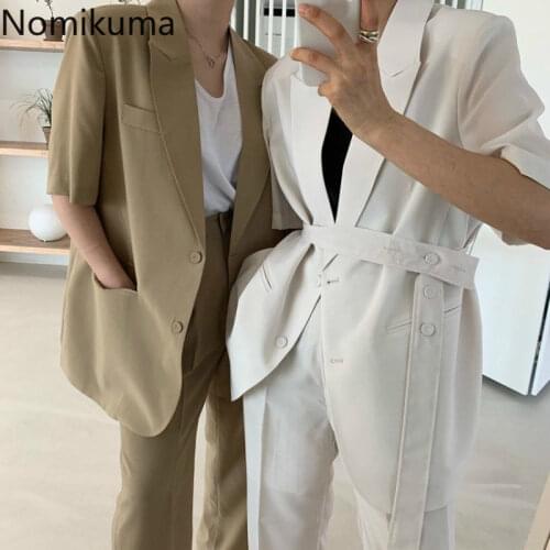 Nomikuma Korean Sets Short Sleeve Sash Lace Up Blazer Straight High Waist Suit Pants Casual Fashion 2 Piece Outfits Women 3b310