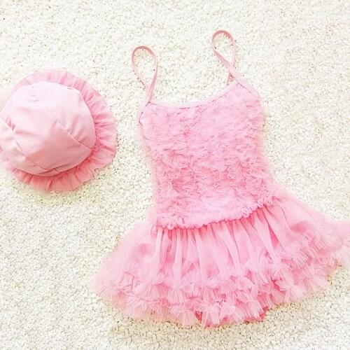 Hot Sale Cute Baby Girls Swimwear Pink Princess Beach Bathing Suit Yarn One Piece Swimsuit+Cap
