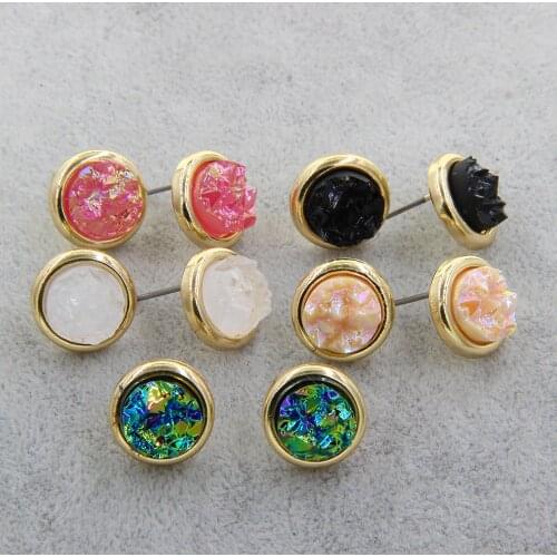 YJX Mini Iridescent Druzy Stone Resin Stud Earrings Geometric Deco Jewelry