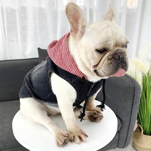 Fashion Design Dog Denim Jacket Hooded French Bulldog Jeans Coat for Small Medium Dogs Cool Dog Hoodie Pets Costumes A189