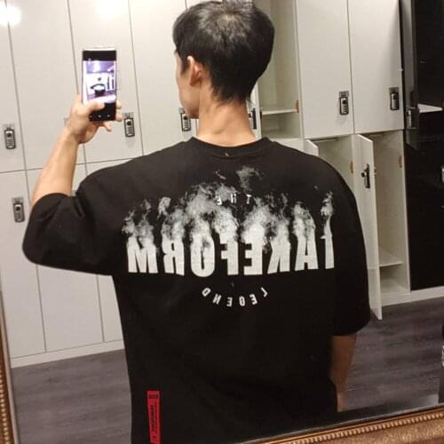 Fashion Loose T Shirt Men Summer Casual Cotton Sports Tops Gym Fitness Bodybuilding T Shirt Short Sleeve Workout Print Clothes