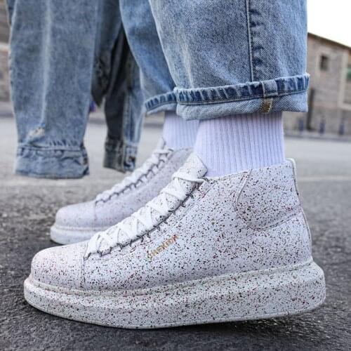 Chekich Mens Boots White Color Colorful Splash Pattern Non Leather Lace Up Fall and Winter Seasons 36-45 Size High Top Unisex Shoes Women Flexible Odorless Sneakers Red & Green Dots Printed Motorcycle Bike CH263 V8