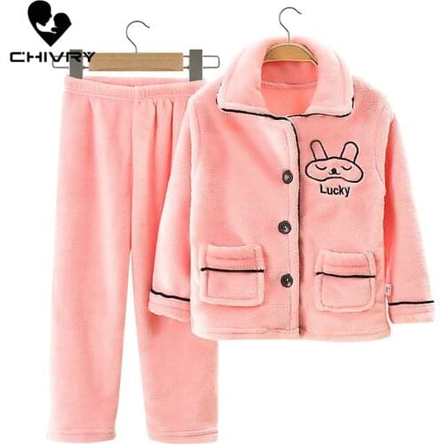 New 2020 Kids Boys Girls Autumn Winter Warm Flannel Pajama Sets Cartoon Rabbit Lapel Tops with Pants Sleeping Clothing Sets